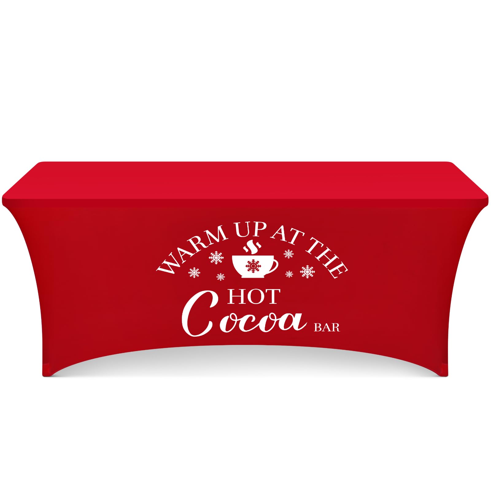 Tegeme red hot cocoa tablecloth on a 6 ft table for festive setup