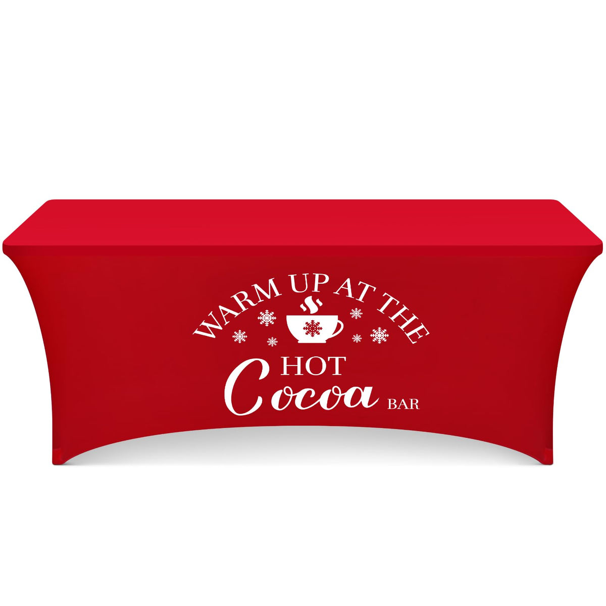 Tegeme red hot cocoa tablecloth on a 6 ft table for festive setup