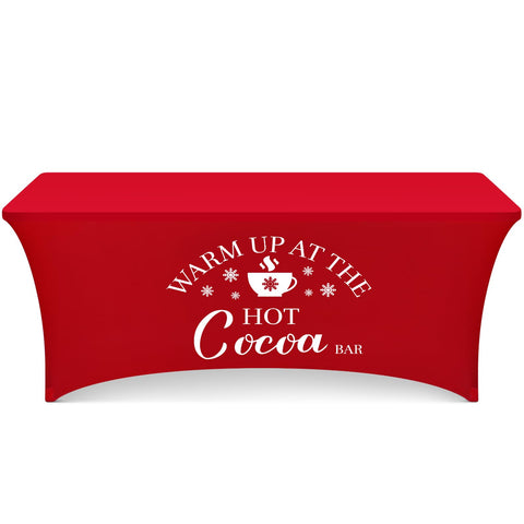 Tegeme red hot cocoa tablecloth on a 6 ft table for festive setup