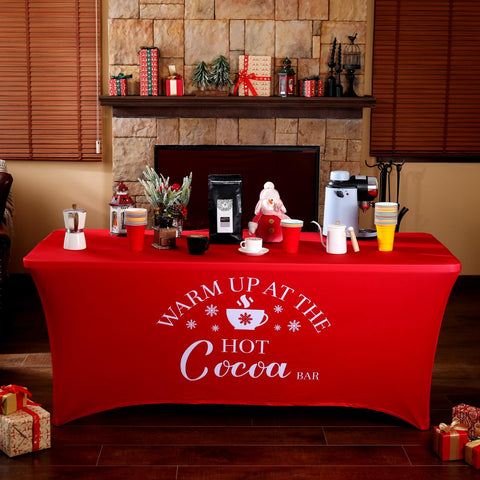 Tegeme red tablecloth on a wooden table showcases holiday color