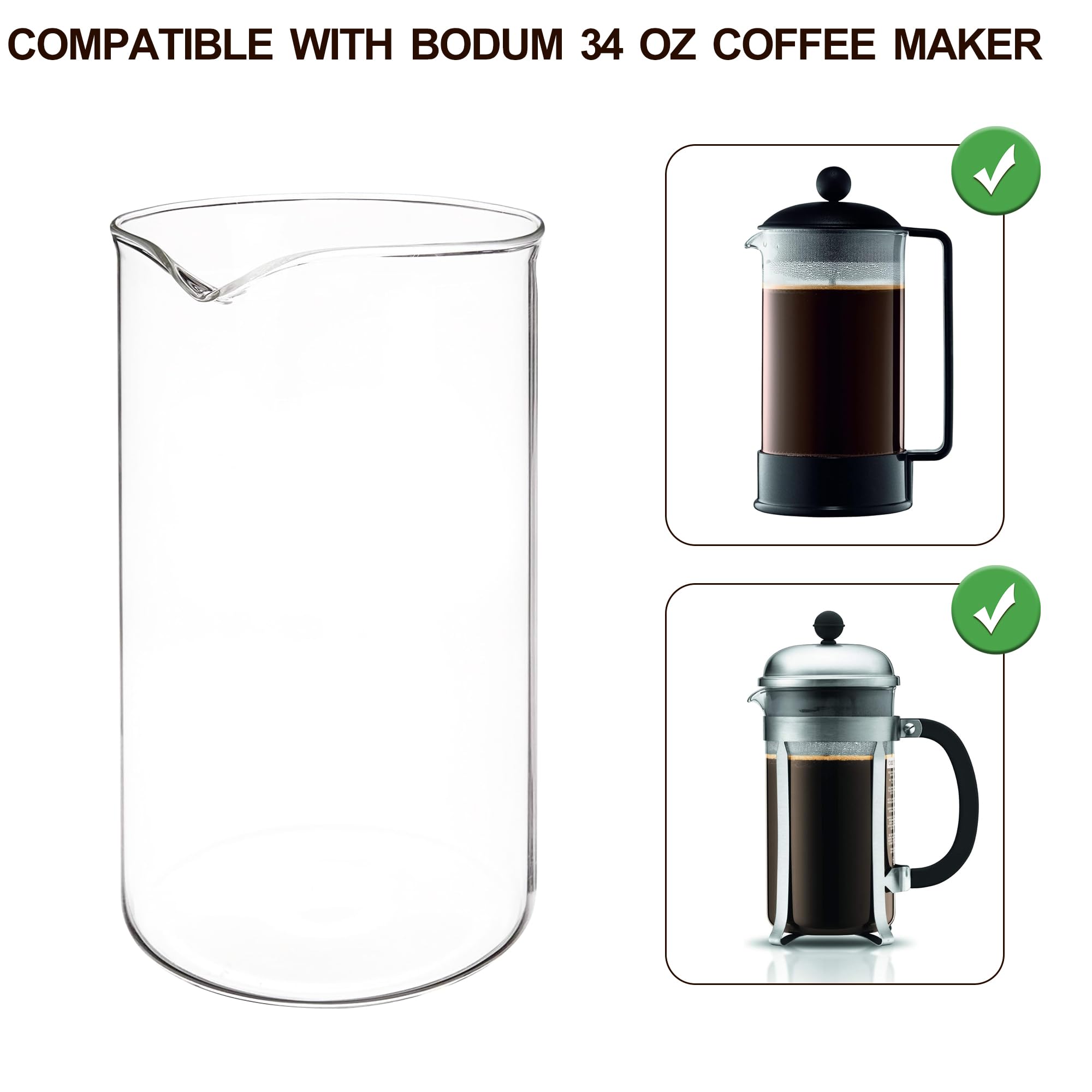 Bodum-compatible carafe, 1000 ml, easy replacement for French presses.