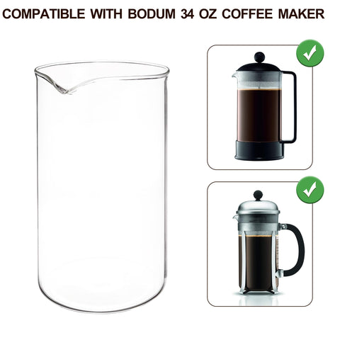 Bodum-compatible carafe, 1000 ml, easy replacement for French presses.