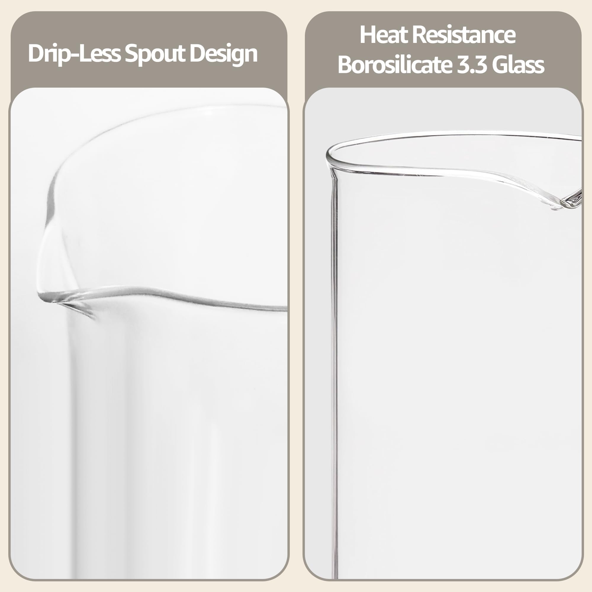 Fire-hardened borosilicate glass carafe for daily use.