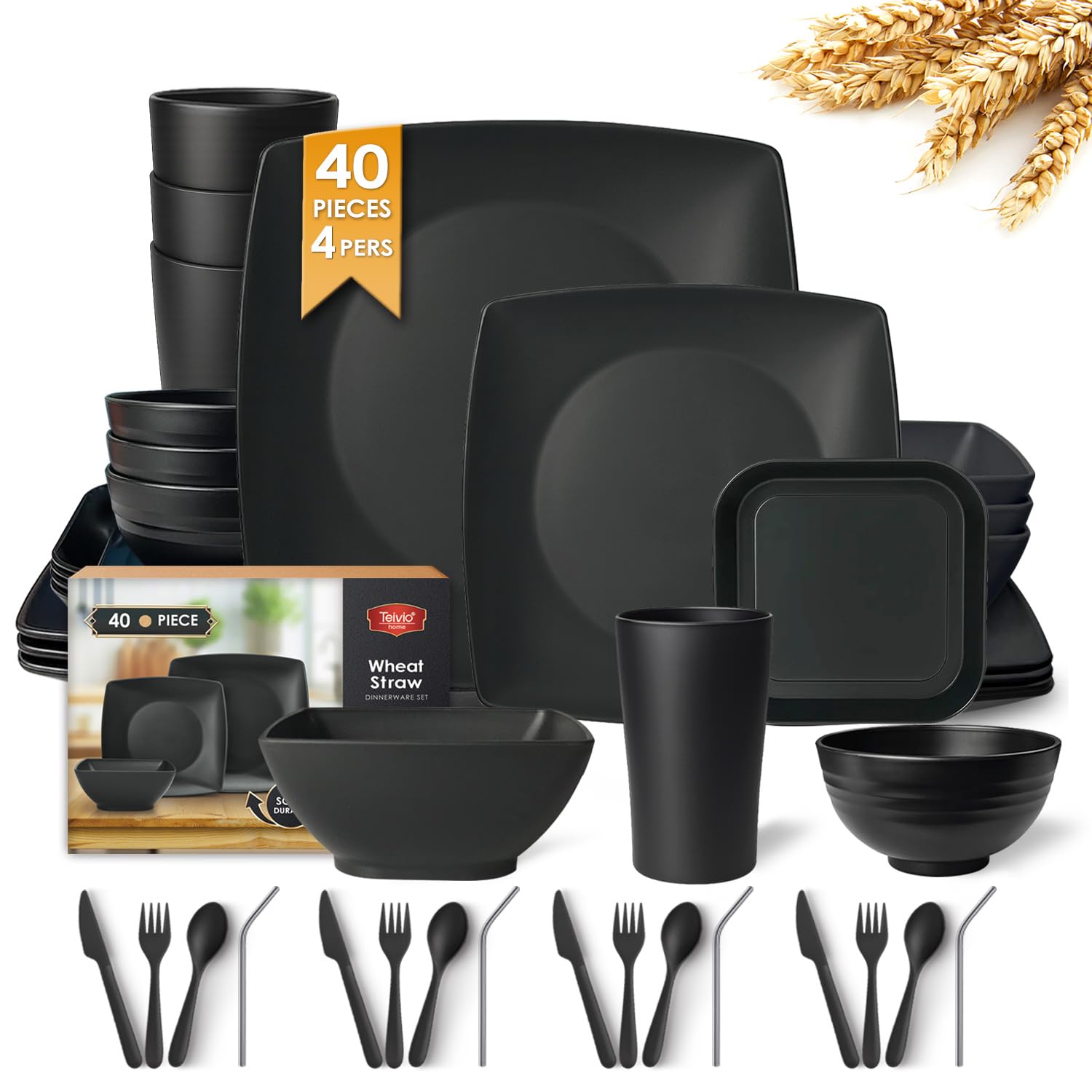 Teivio 16-piece square dinner plates for durable daily use