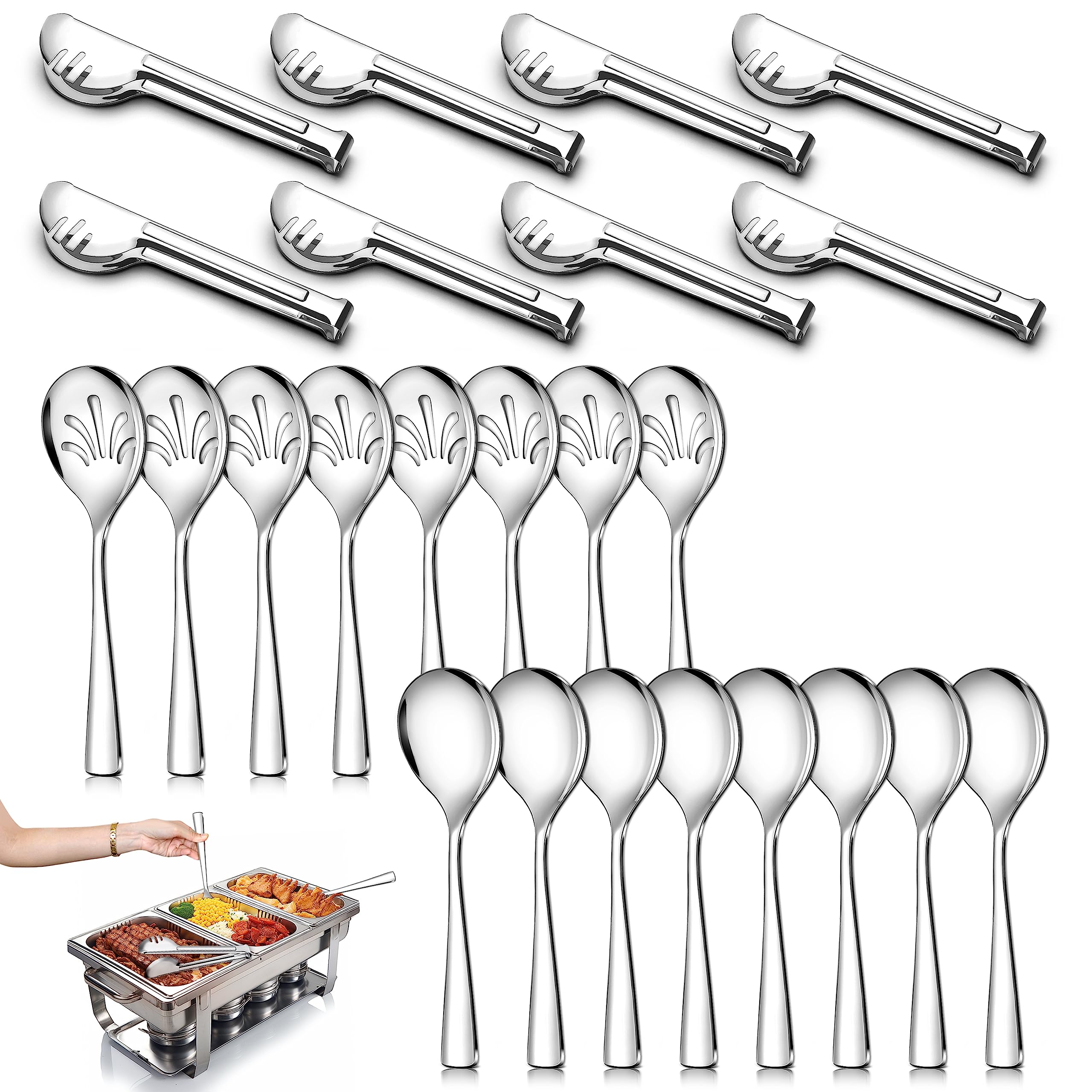 Teivio 24-pack stainless steel large serving utensils set in silver for buffet service.