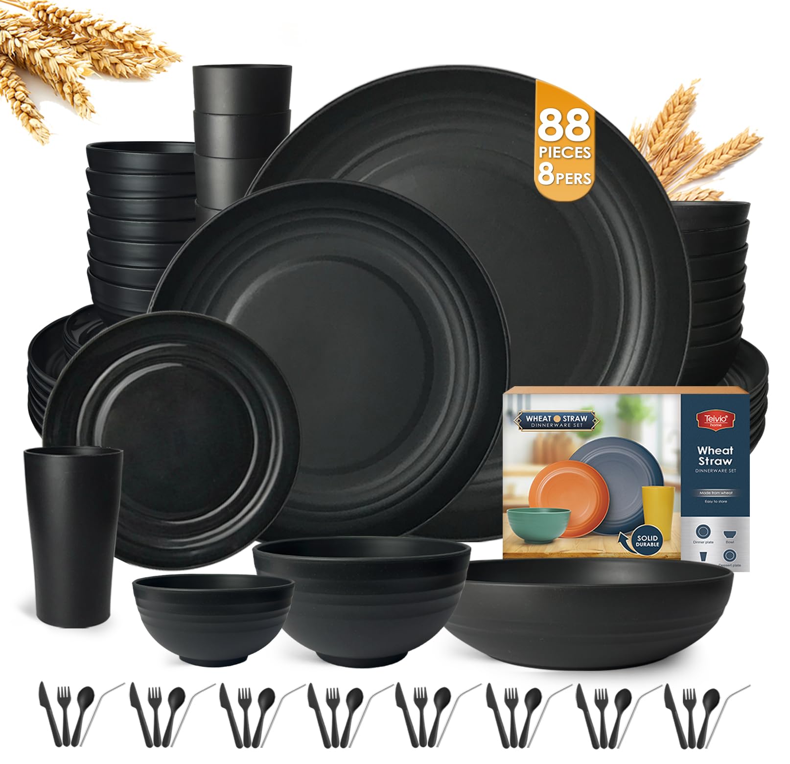 Teivio 88-piece dinner plates in black for family meals and gatherings
