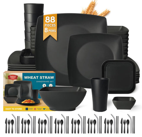 Teivio 88-piece square dinnerware plates show lightweight durability for everyday meals.