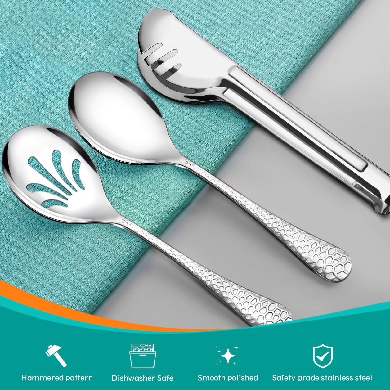 Teivio hammered stainless steel slotted spoon 10 inch for draining while serving.