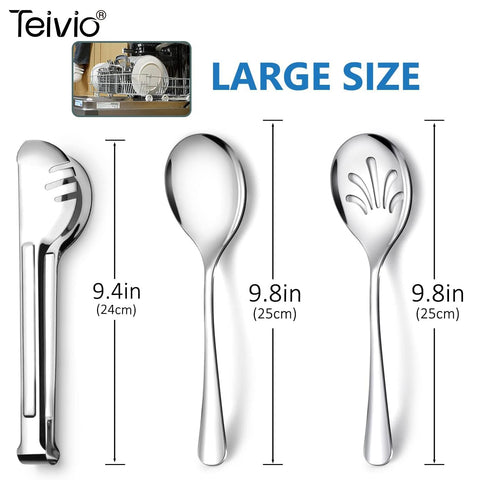 Teivio 9.9-inch serving spoon close-up, mirror finish adds elegance to table.