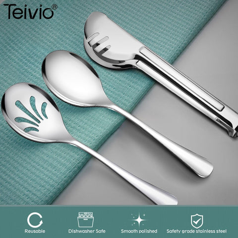 Teivio 10-inch slotted spoon at banquet setup, ideal for buffets.