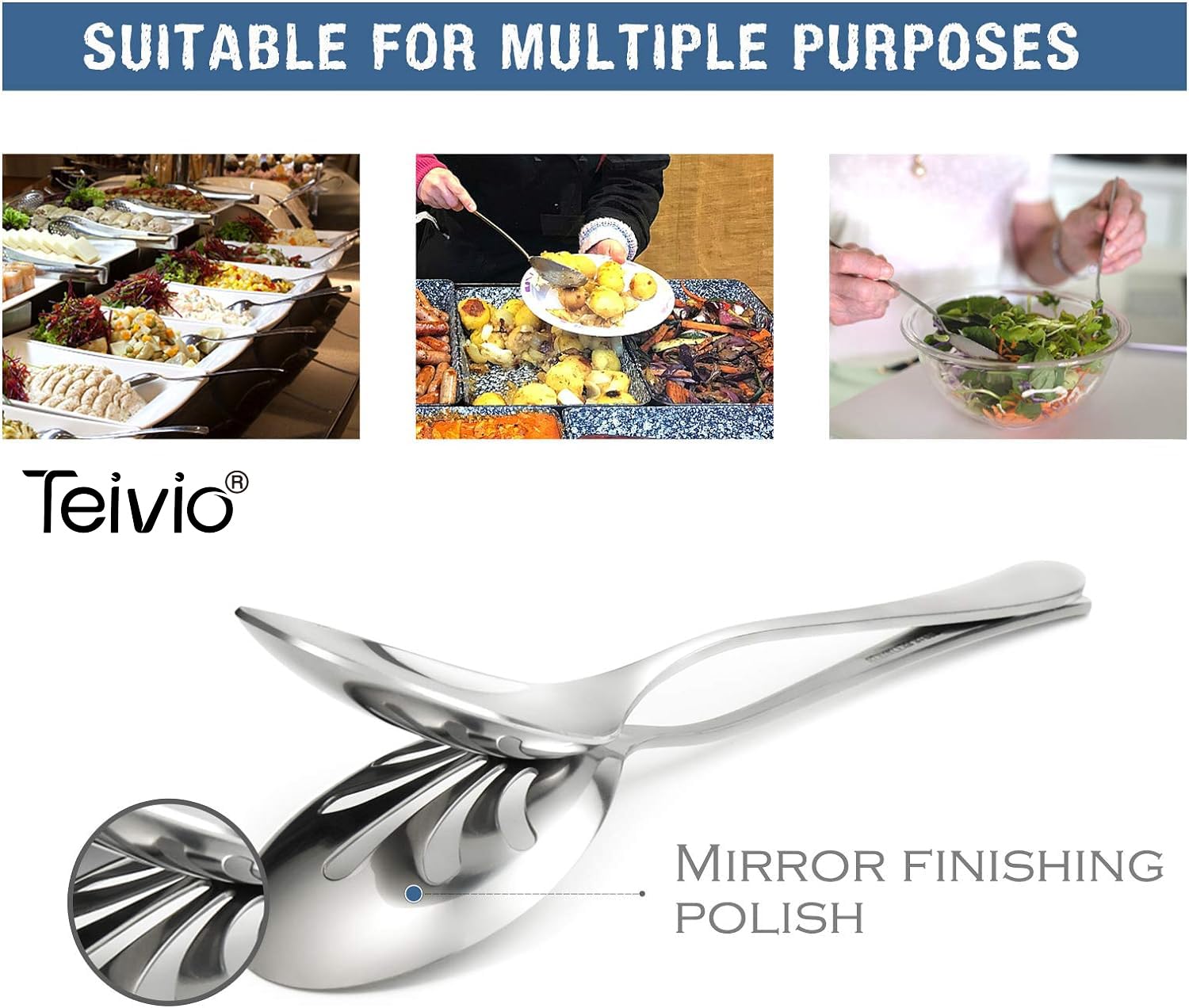 Teivio 10-inch slotted serving spoon, drains liquids while serving.