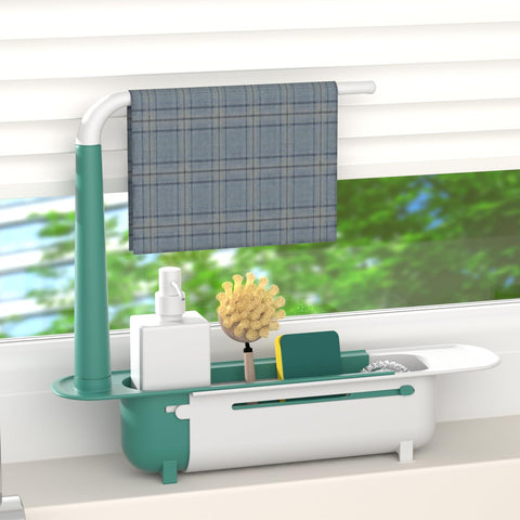 Telescopic sink storage rack basket keeps utensils and sponges neatly organized