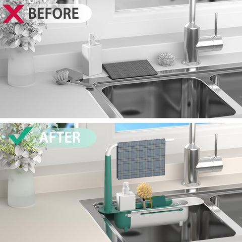 Telescopic sink storage rack drainage holes promote quick drying and reduce countertop moisture