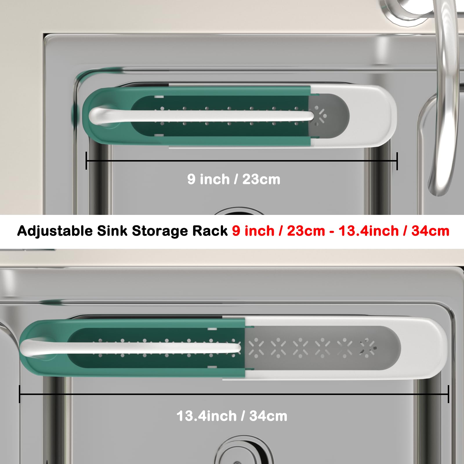 Telescopic sink storage rack extended to fit larger sinks with easy installation