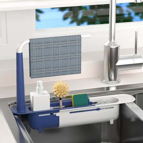 Telescopic Sink Storage Rack extended length view showing organized sink area