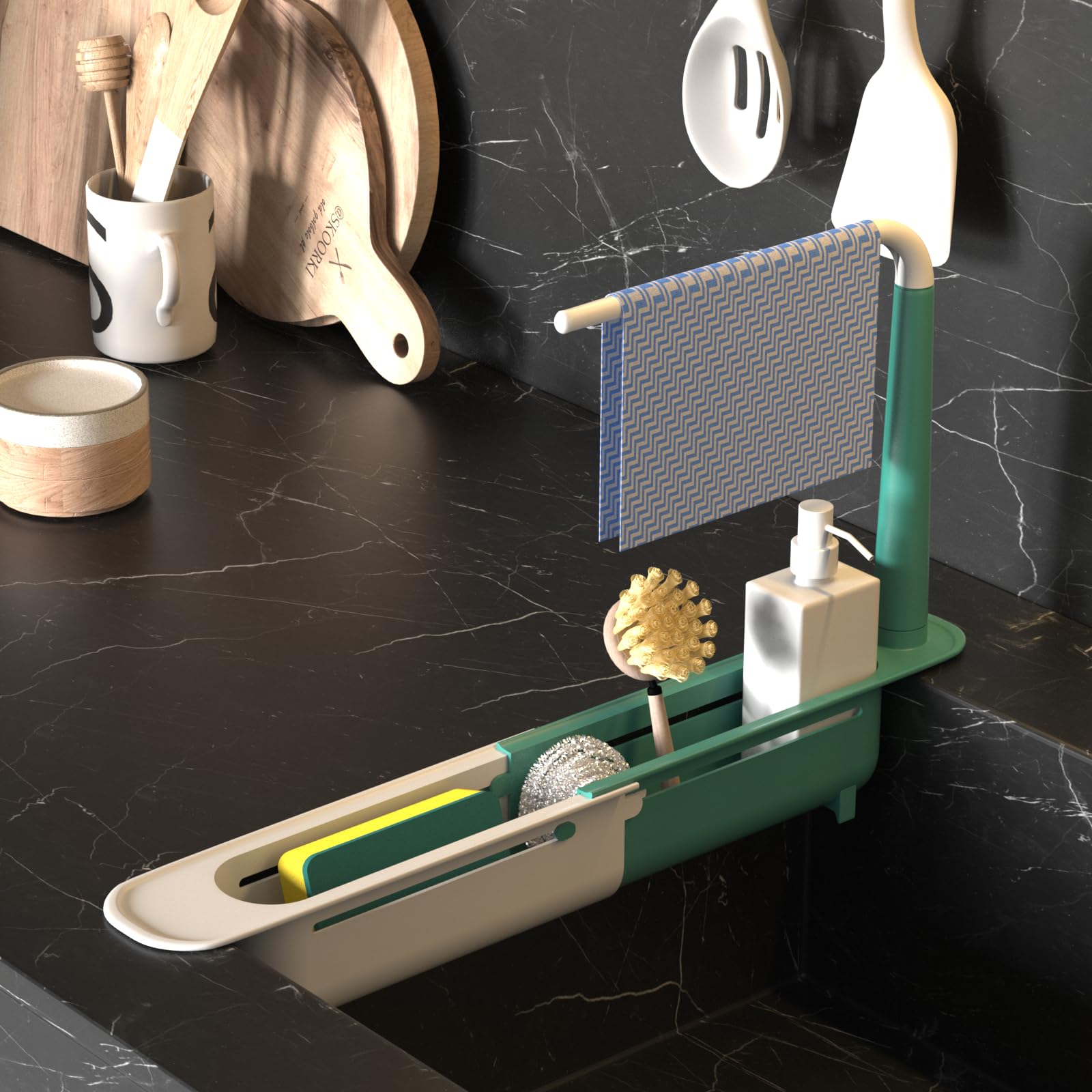 Telescopic sink storage rack towel tray helps air-dry towels after washing