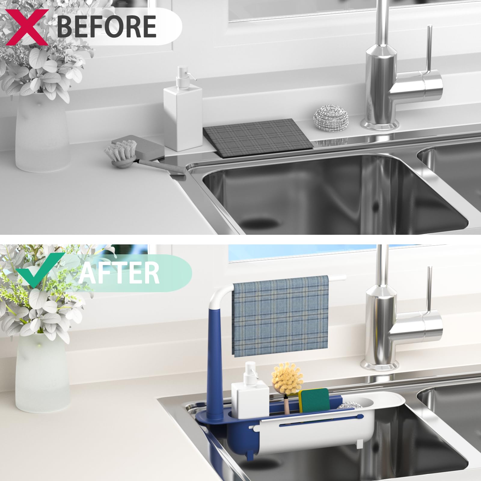 Telescopic Sink Storage Rack under faucet for easy access and drying