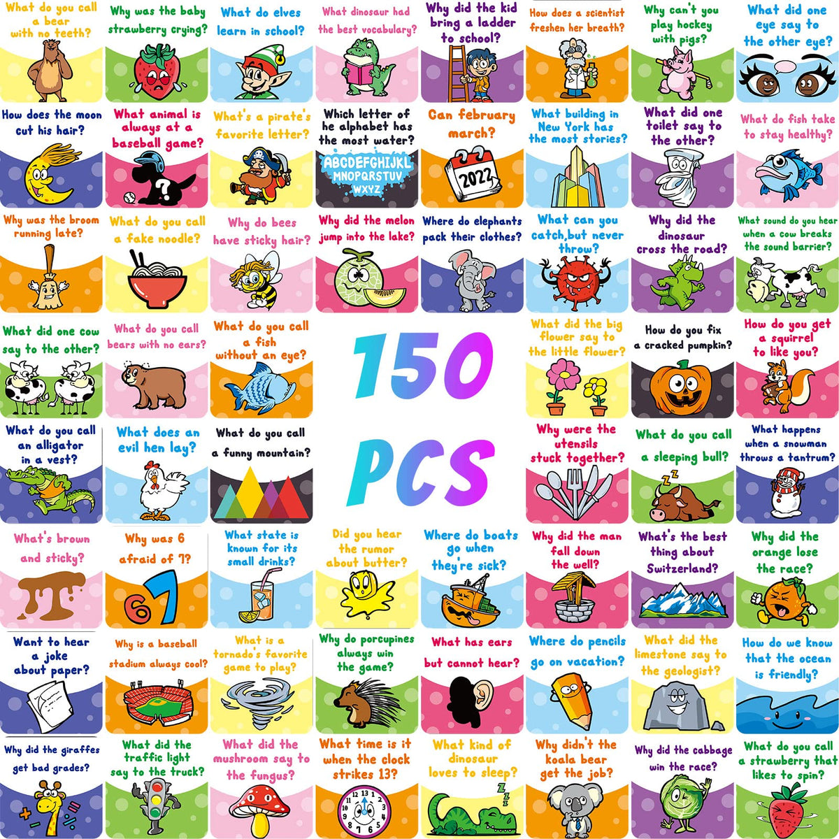 Teling 150 lunchbox jokes cards collection with colorful designs for kids.