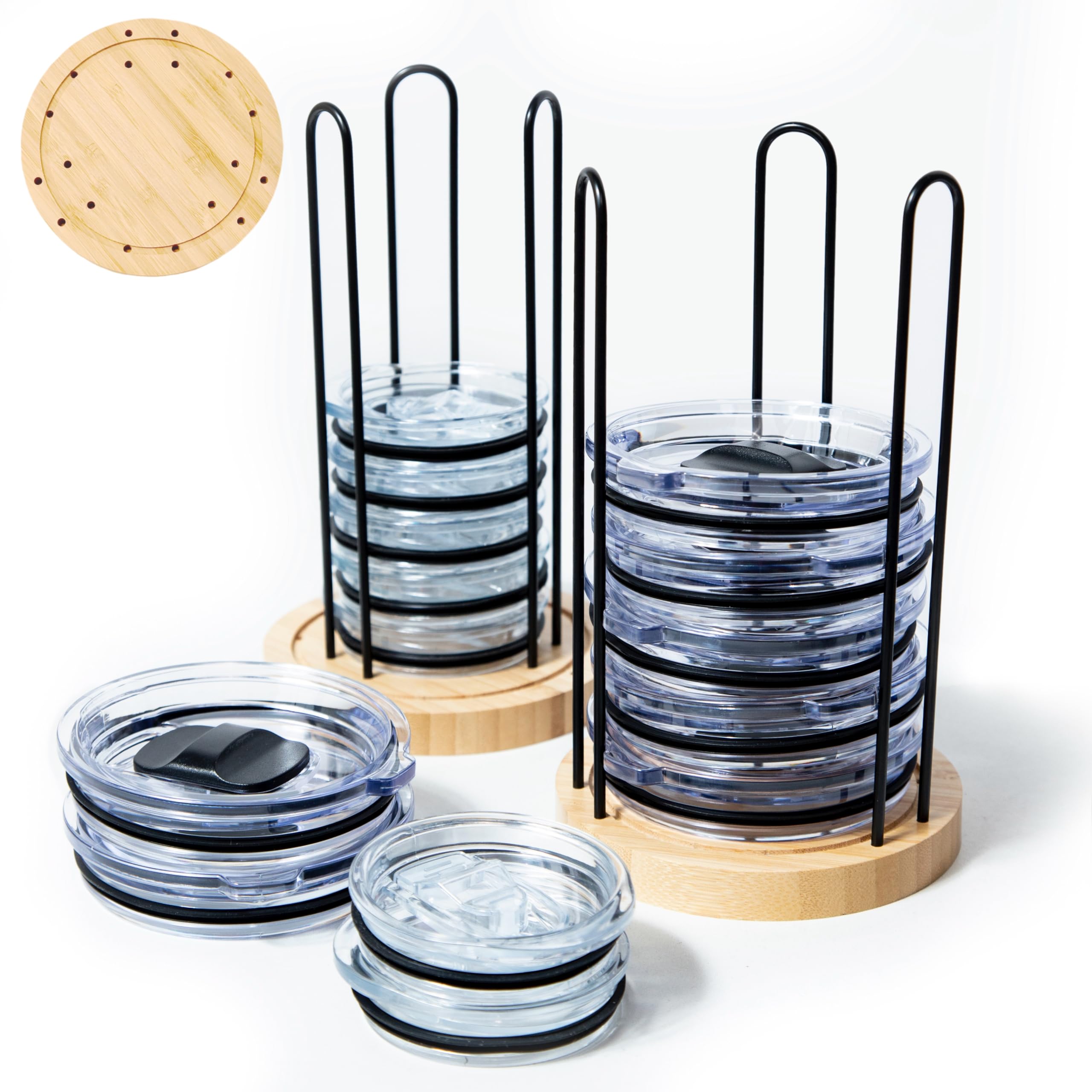 TelKeen two-piece lid organizer showing universal lid compatibility.