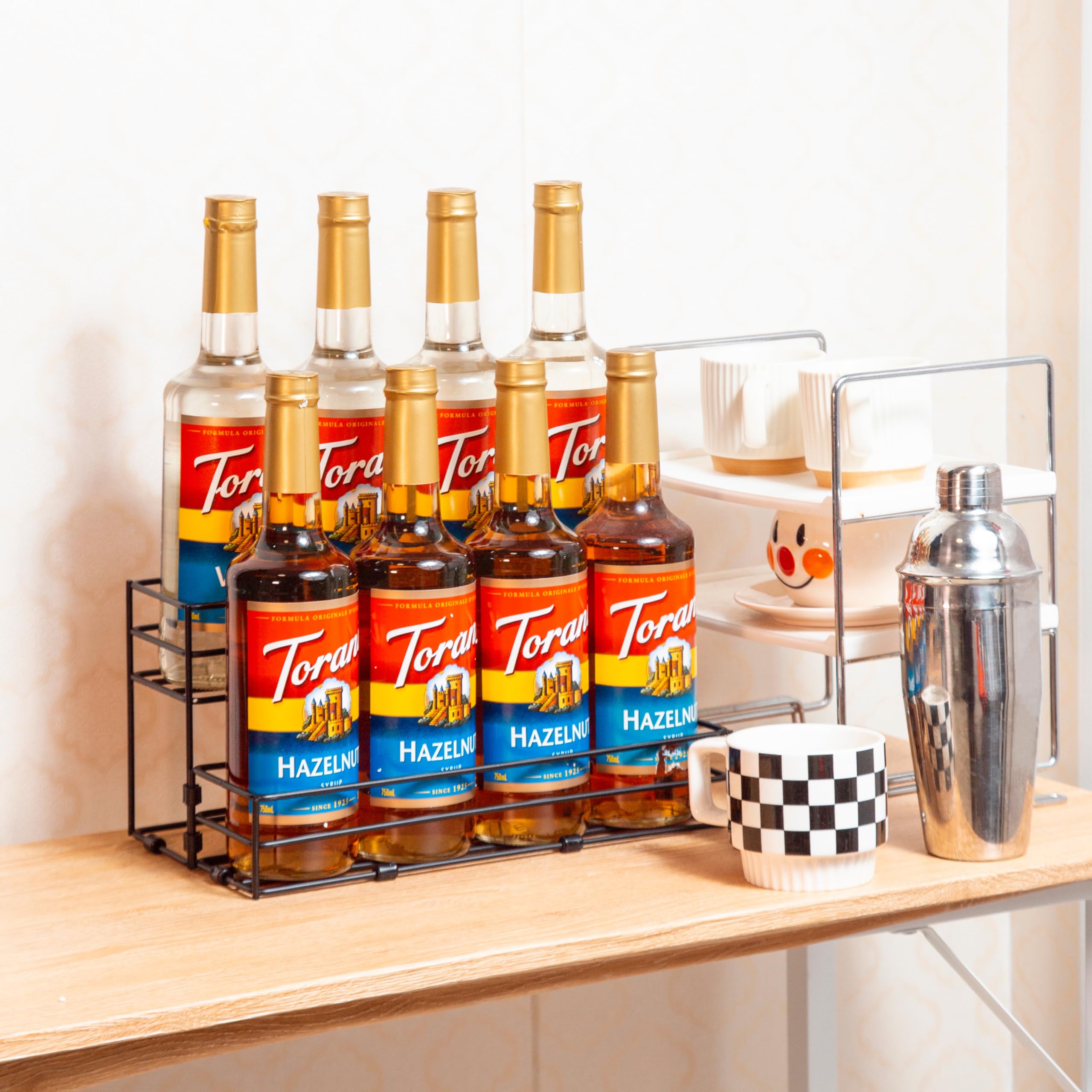 TelKeen 2-tier syrup stand side view highlights sturdy iron construction and stability.