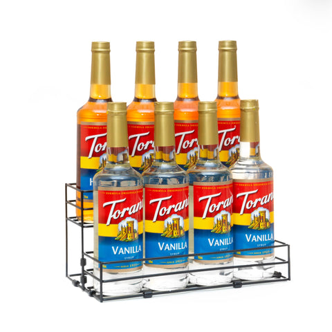 TelKeen 8-bottle syrup rack front view keeps coffee syrups within easy reach.