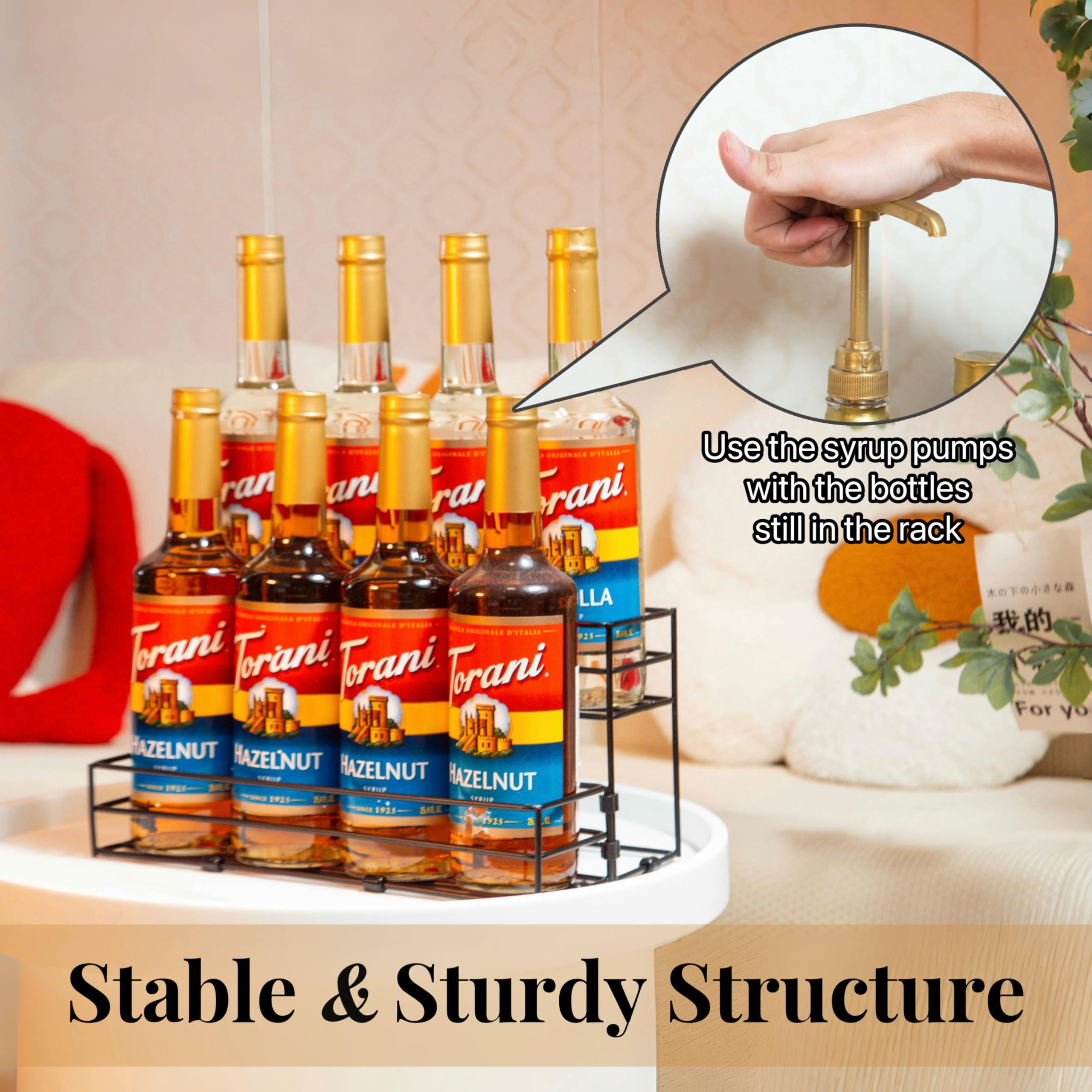 TelKeen syrup rack with bottles filled showcases beverage options.
