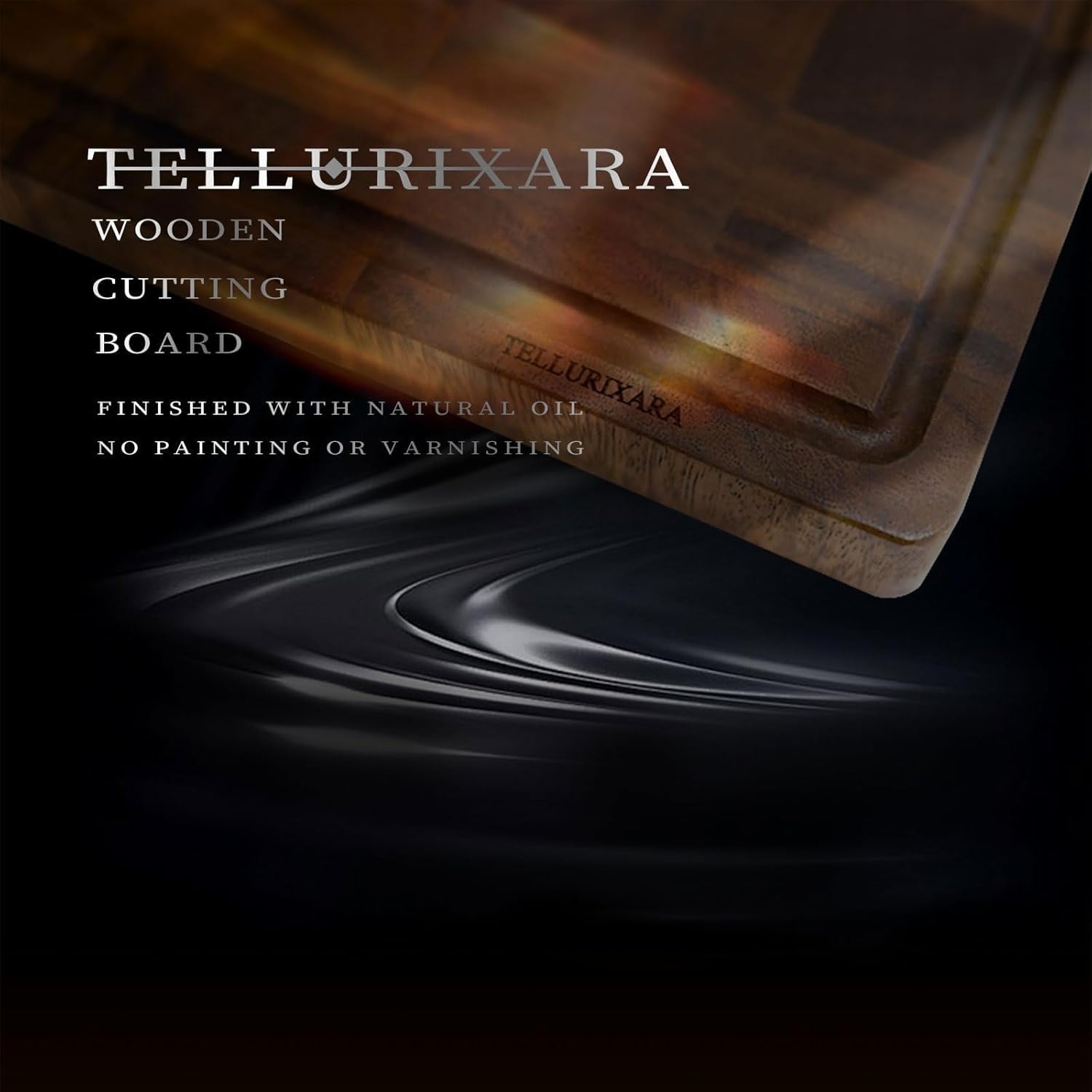 TELLURIXARA walnut board juice groove close-up showing spill containment