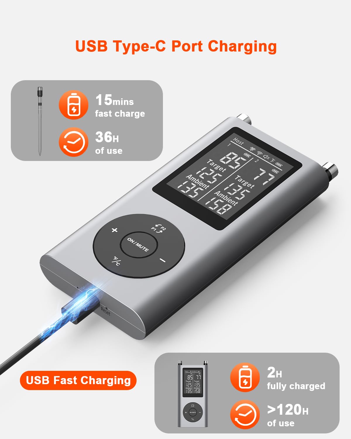 TEMMIO thermometer displays 800 ft Bluetooth range capability.