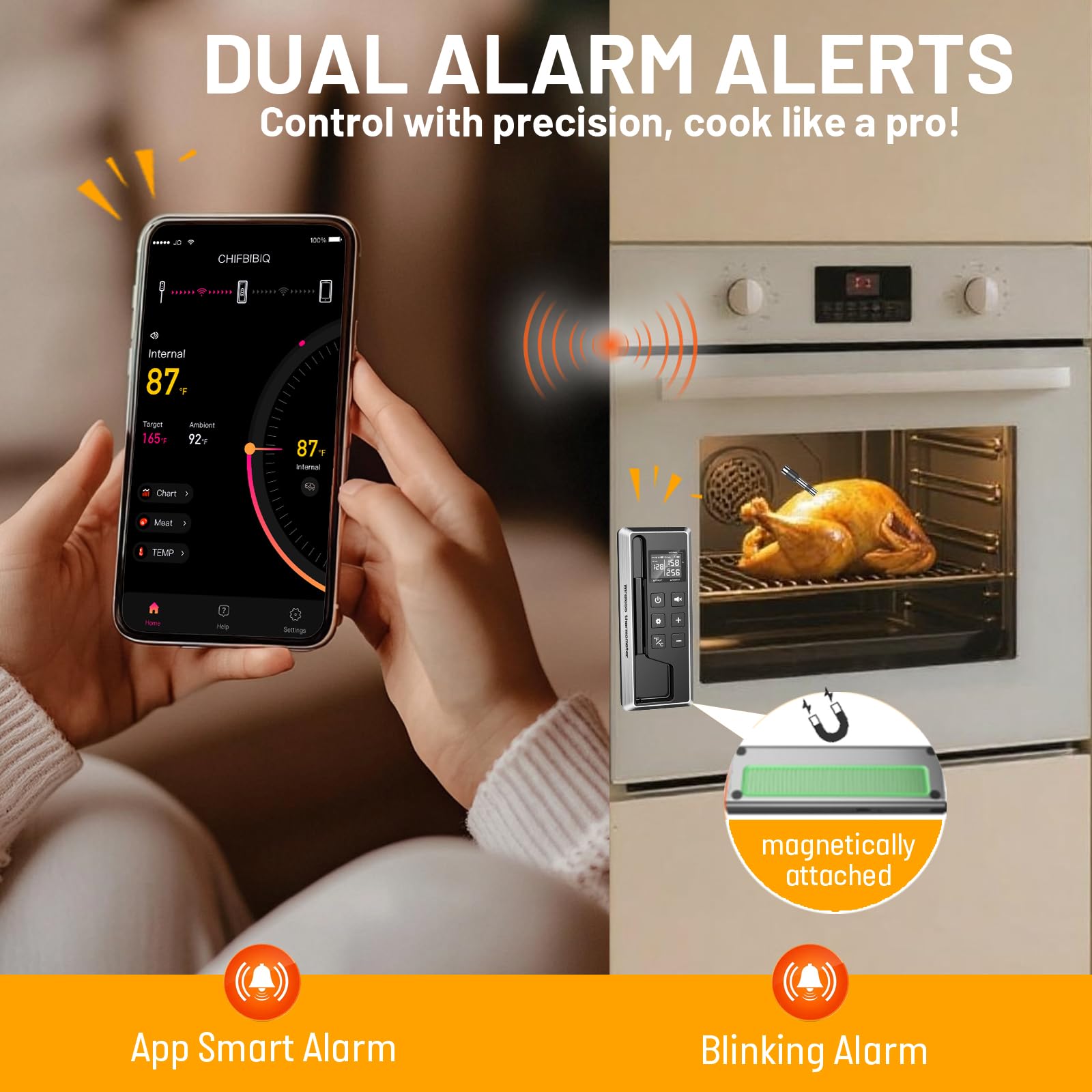 TEMMIO app controls timers and doneness alerts for hands-free cooking.