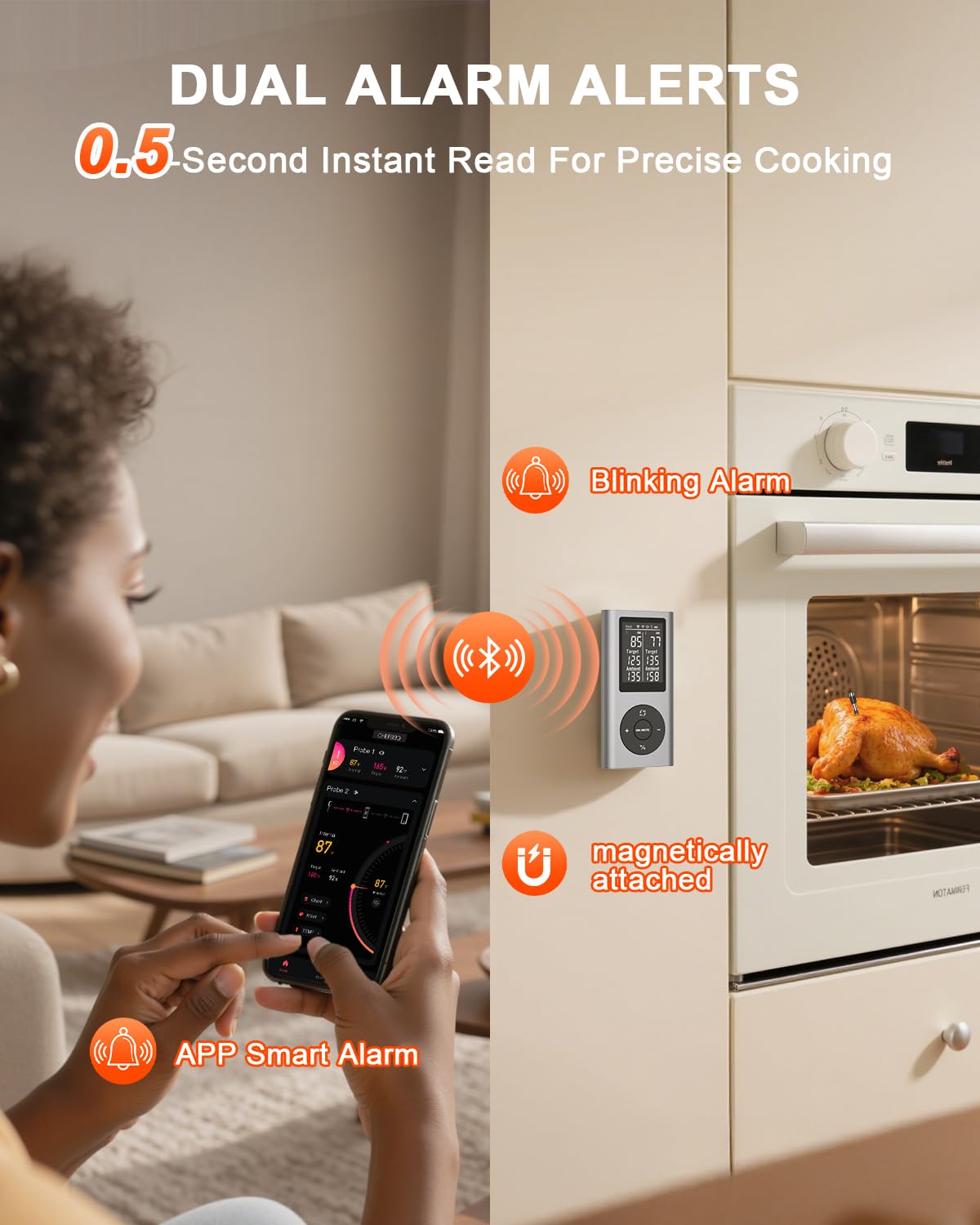 TEMMIO backlit display with magnetic base attached to grill for easy viewing.