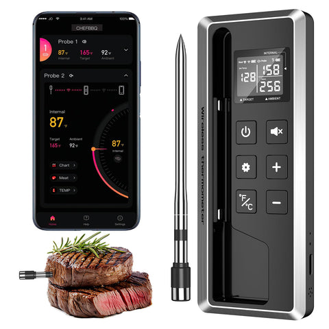 TEMMIO wireless thermometer with backlit display for easy night grilling monitoring.