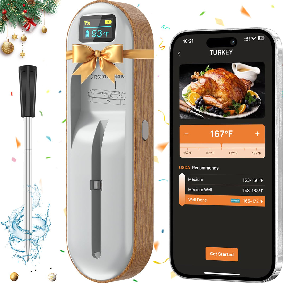 TempGrill smart thermometer display shows temperature and battery status.