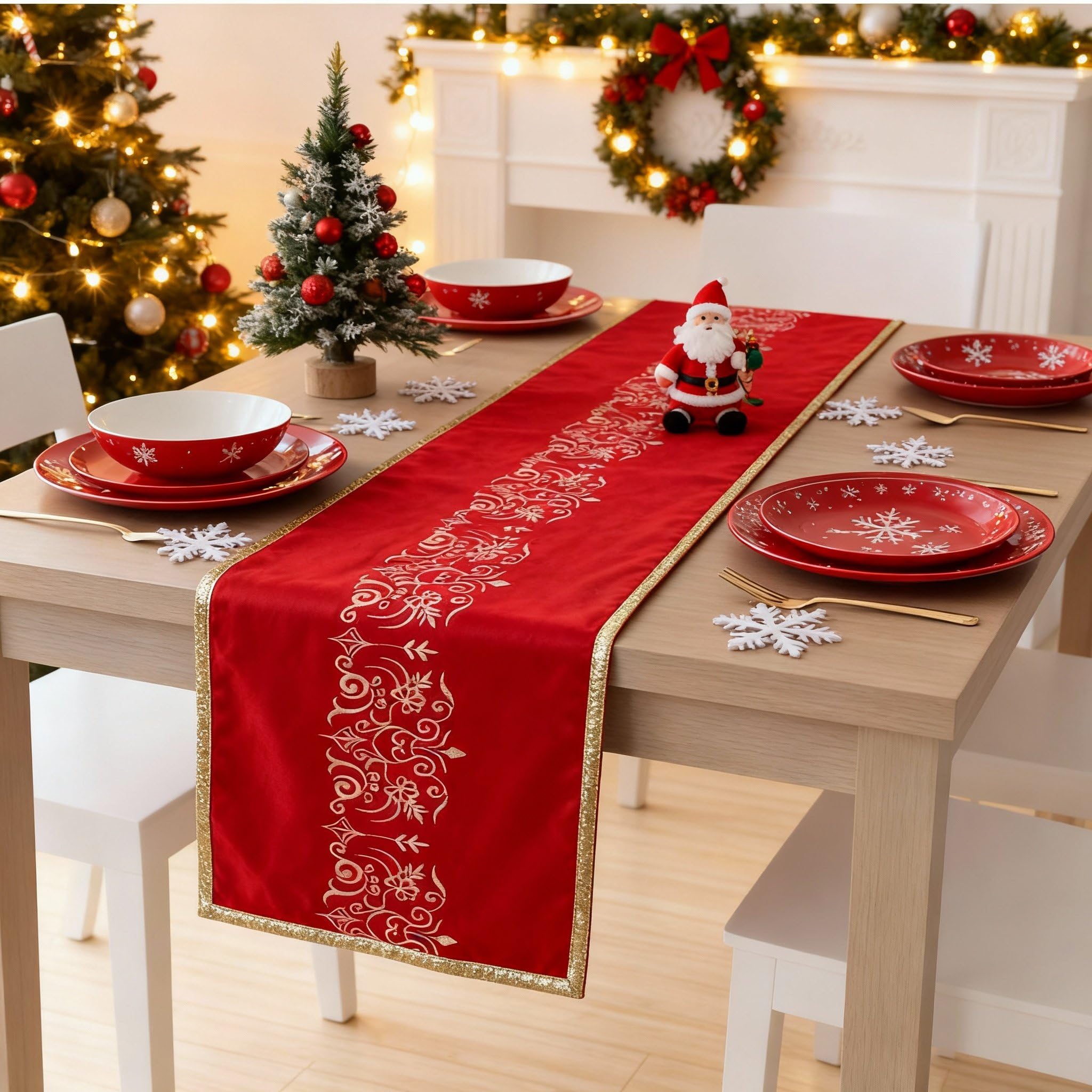Tenceur Christmas table runner with embossed floral red velvet for elegant holiday tables.
