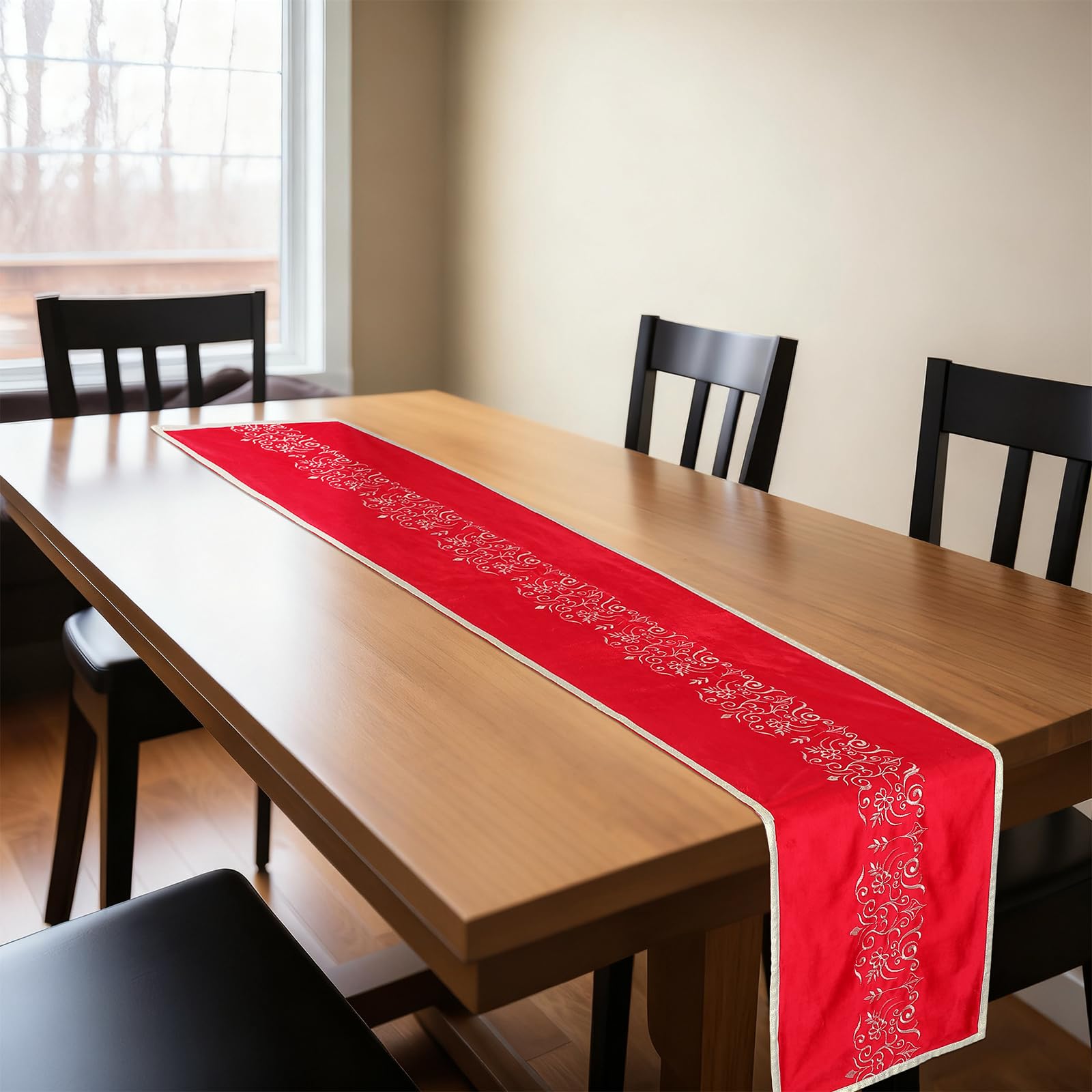 Tenceur Christmas table runner placed on mantel for seasonal display.