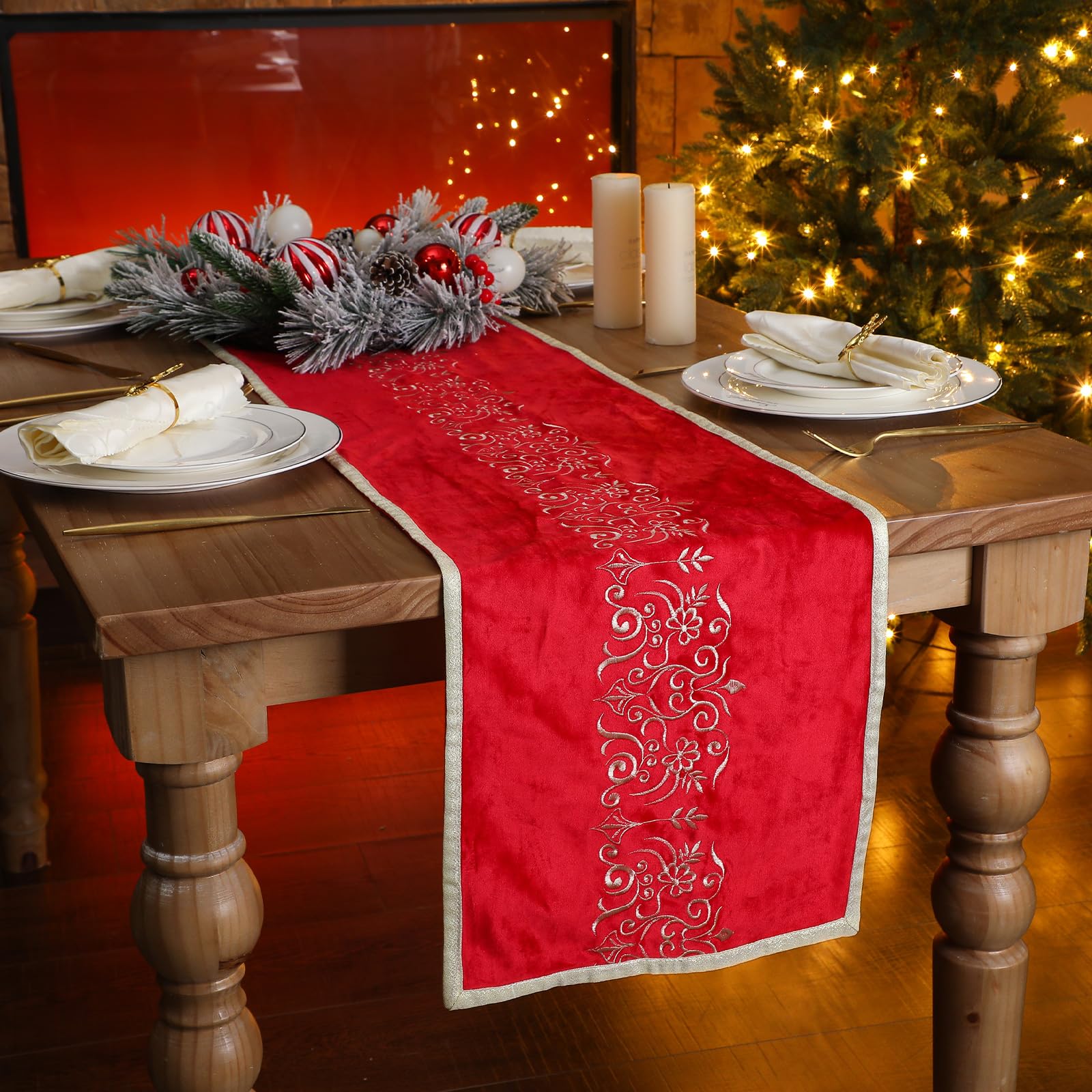 Tenceur embossed floral velvet runner enhances table decor with texture.