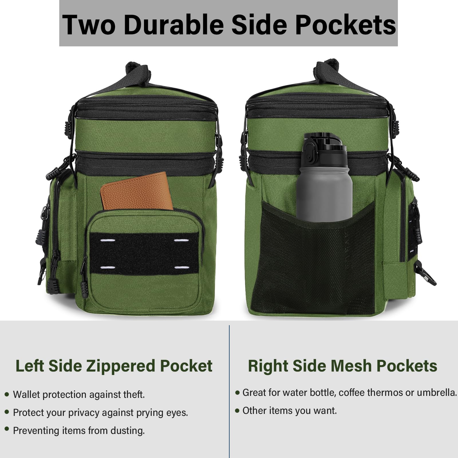 TENKIST lunch box side pockets open for water bottles and essentials during commutes.