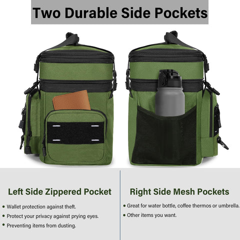 TENKIST lunch box side pockets open for water bottles and essentials during commutes.