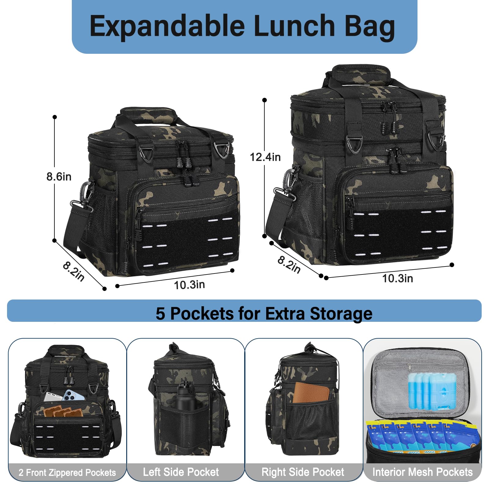 TENKIST lunch box camo insulated interior preserves freshness for hours.