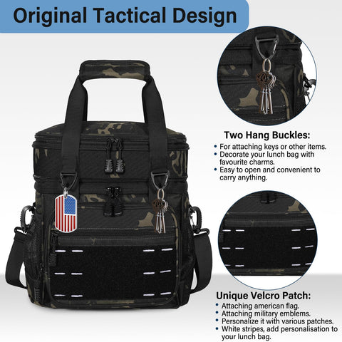 TENKIST lunch box camo side pockets keep water bottles and small items organized.