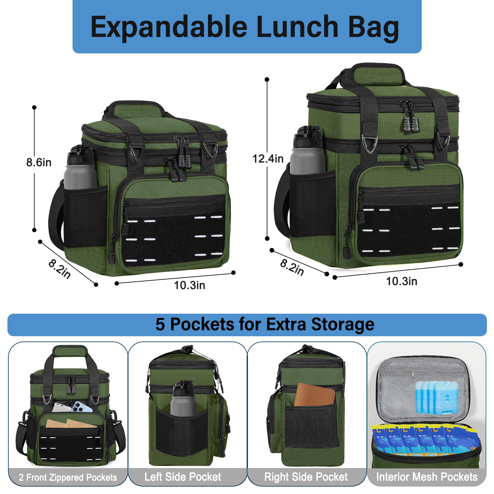 TENKIST lunch box cooler bag top expansion showing adjustable space for meals.