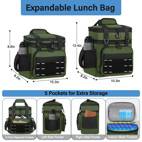 TENKIST lunch box cooler bag top expansion showing adjustable space for meals.
