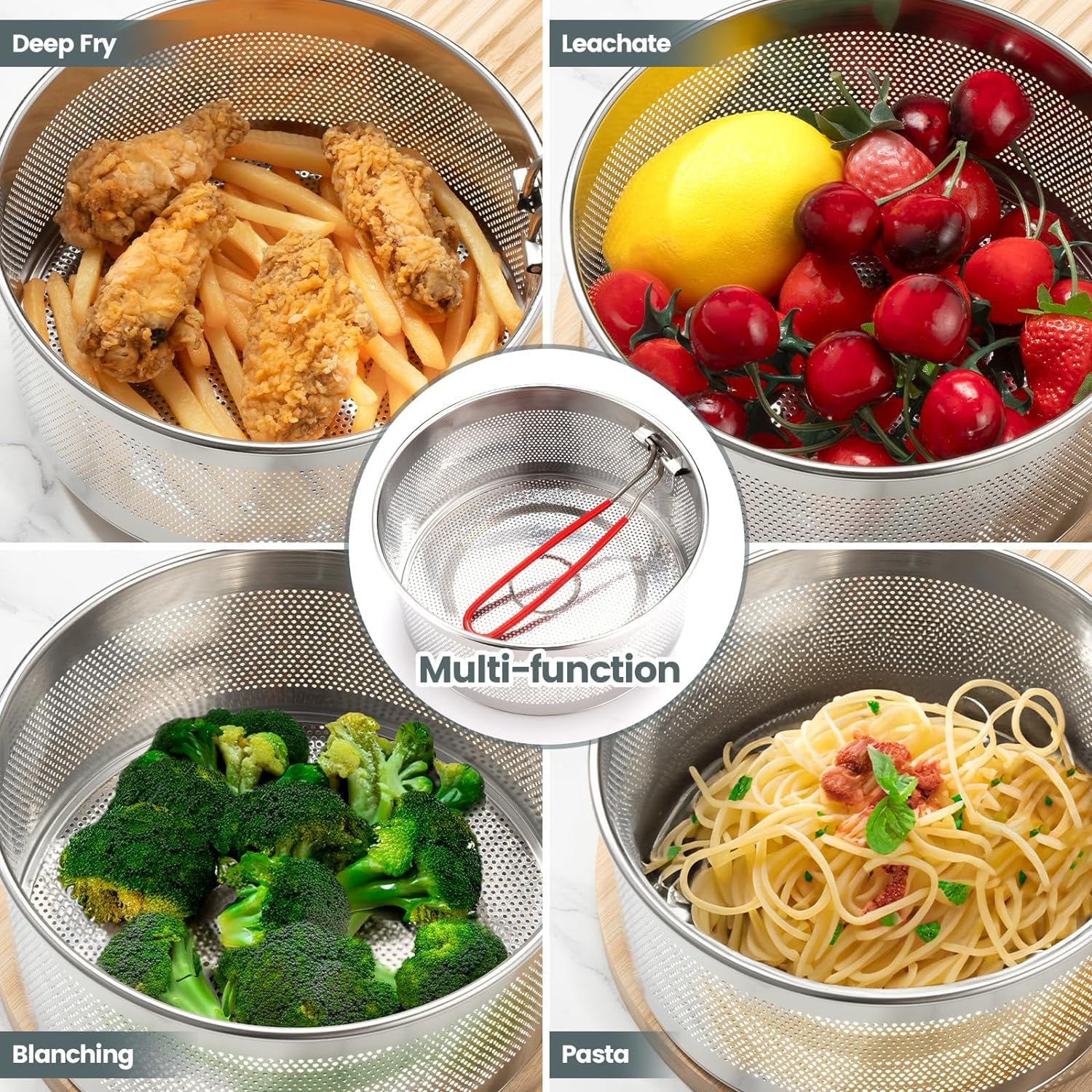 TENTA KITCHEN stainless steel fryer basket for frying and draining.