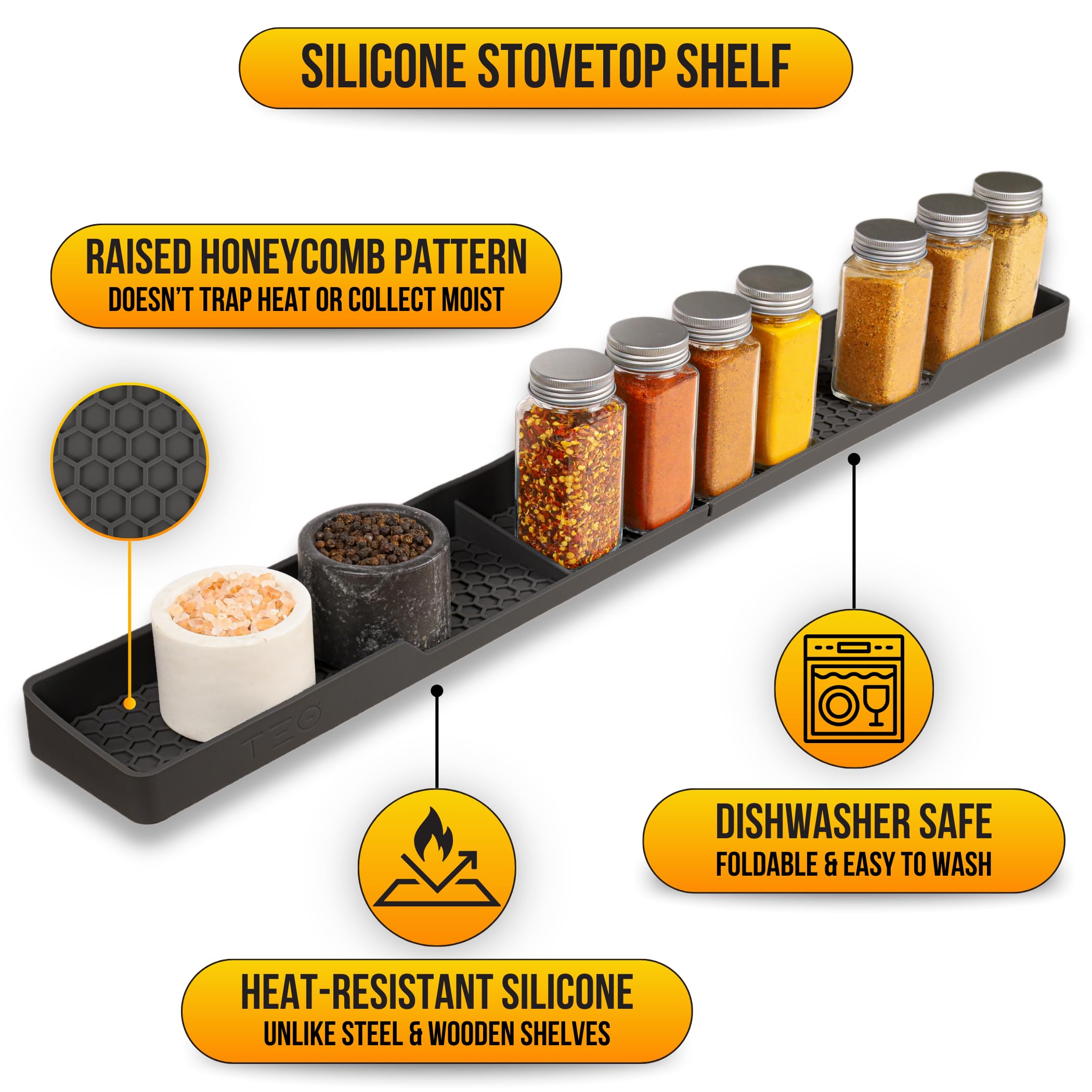 TEO over-oven magnetic shelf attaches to flat surfaces for organized kitchen