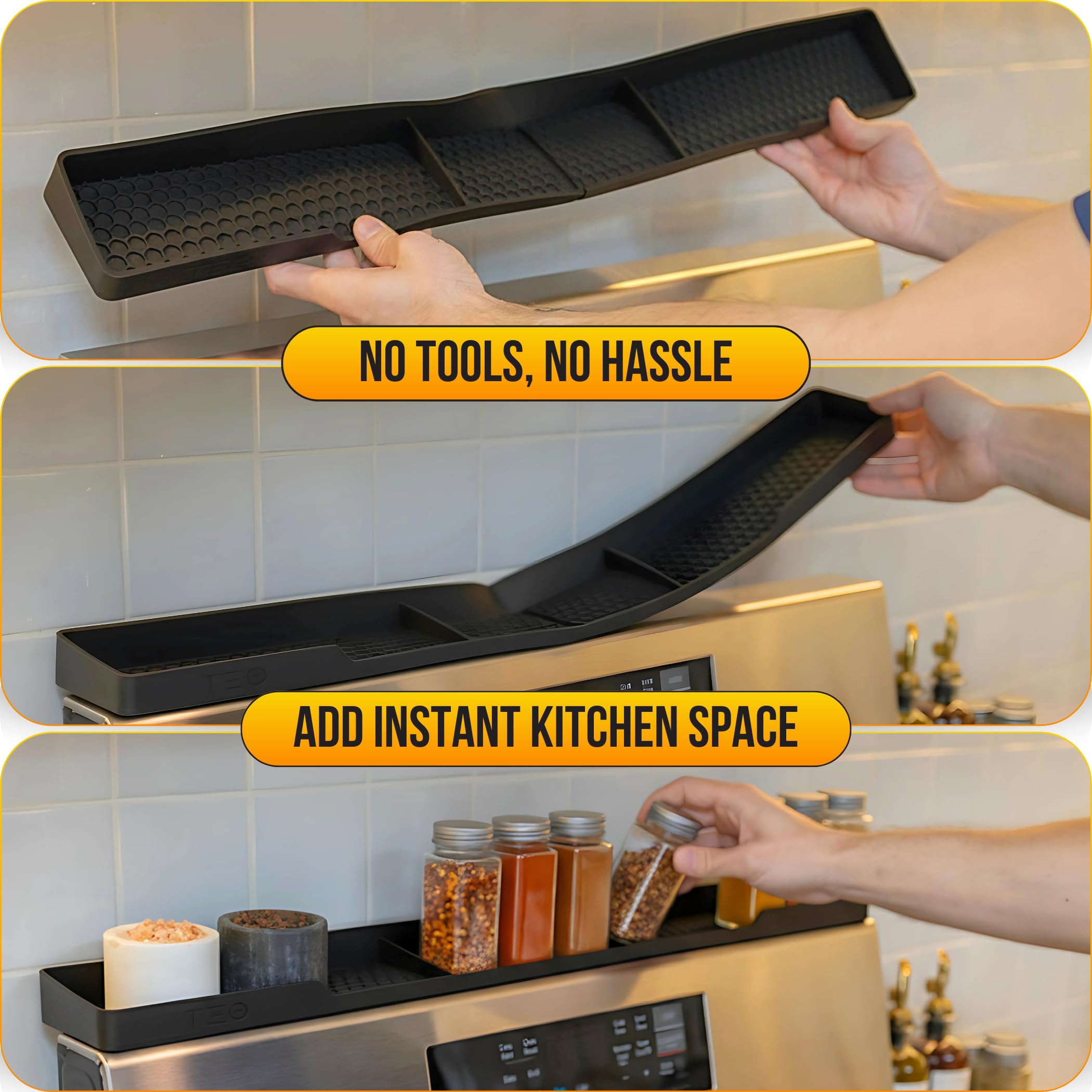 TEO silicone over-stove spice rack keeps essentials within reach