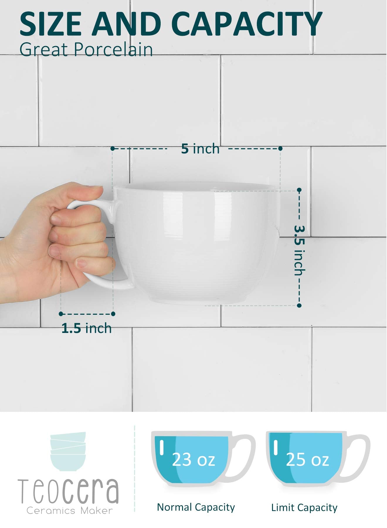 Teocera 24oz porcelain mug emphasizes large capacity for breakfast coffee or oatmeal bowls.