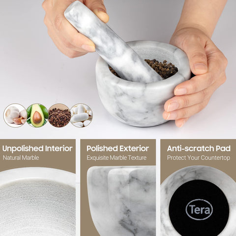 Tera marble mortar and pestle set emphasizes solid stone durability.