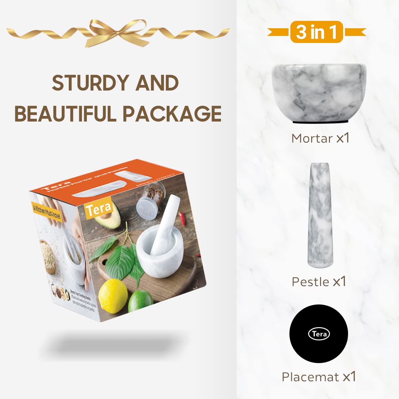 Tera marble mortar and pestle top view highlights compact size for small batches.