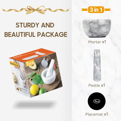 Tera marble mortar and pestle top view highlights compact size for small batches.