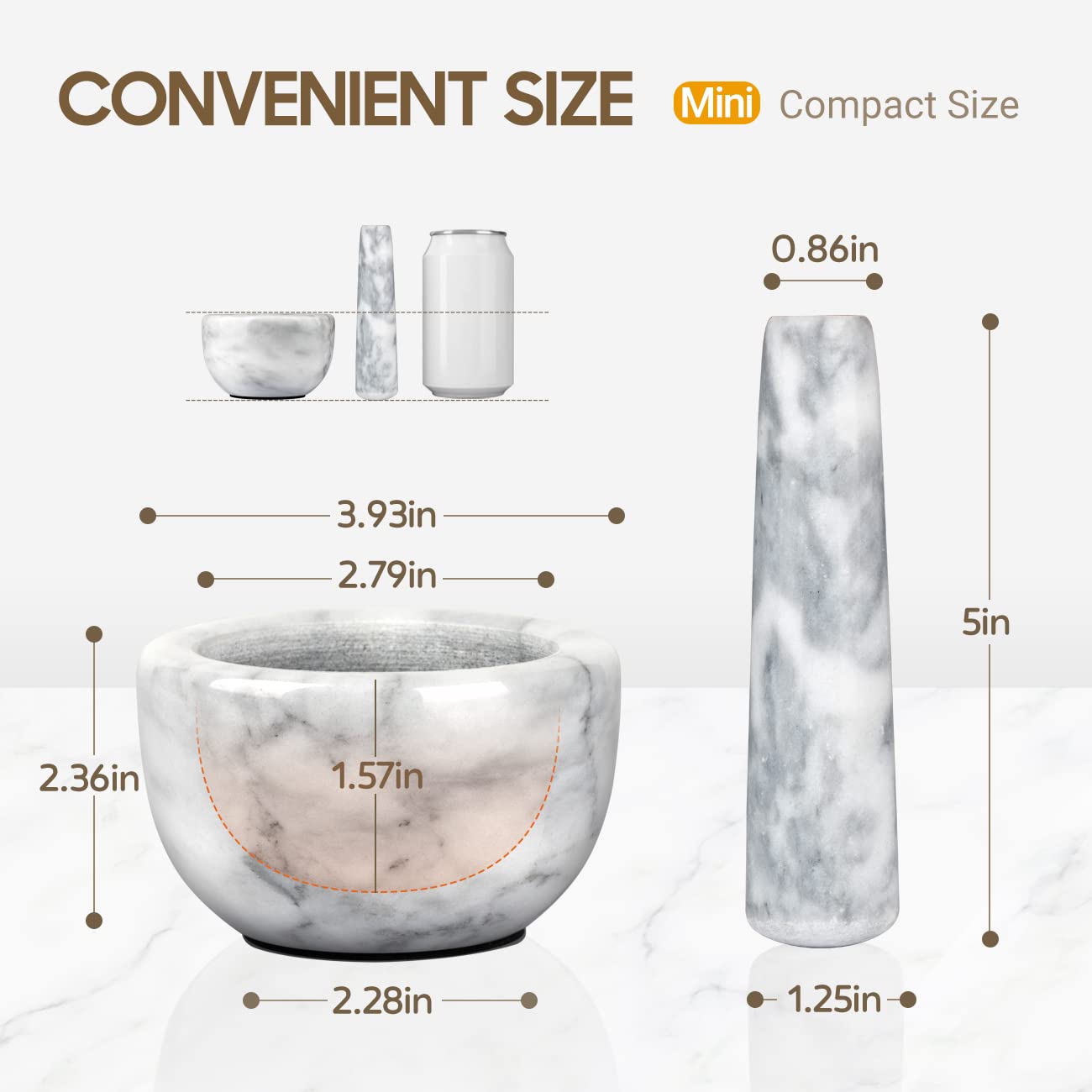 Tera marble mortar and pestle closeup showing smooth surface for effortless grinding.