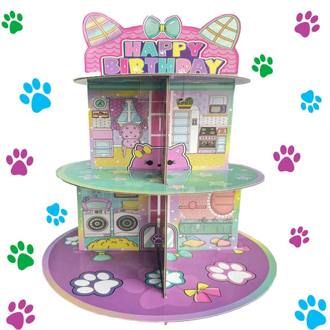 Terasilian cartoon cat cupcake stand in pink for a playful party display.